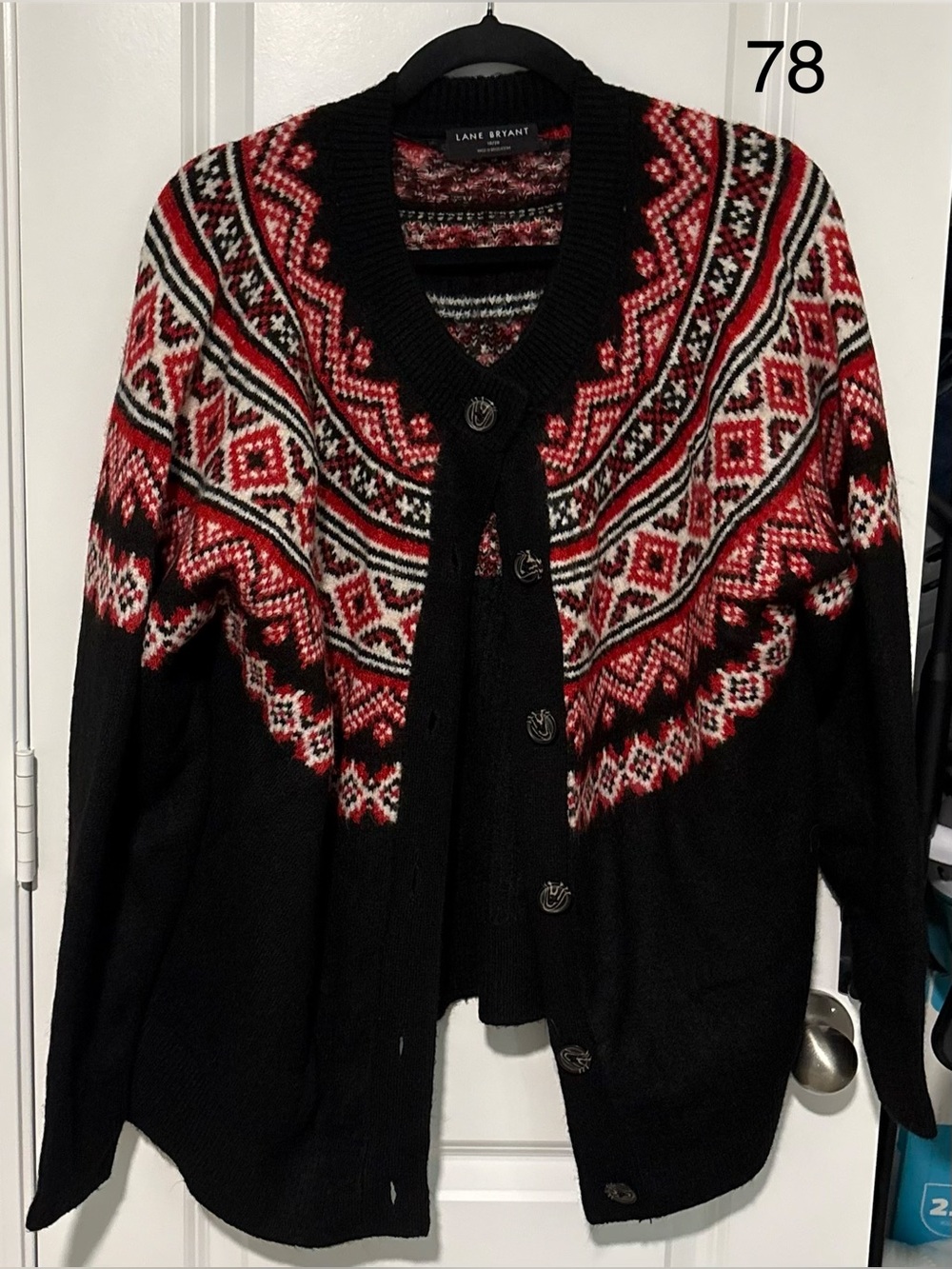 Lane Bryant Black and Red Fair Isle Button Cardigan